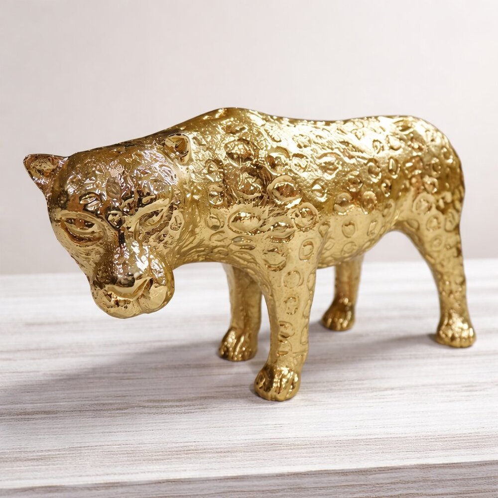 Gold Aluminum Leopard Figurine, Vintage Metal Statue